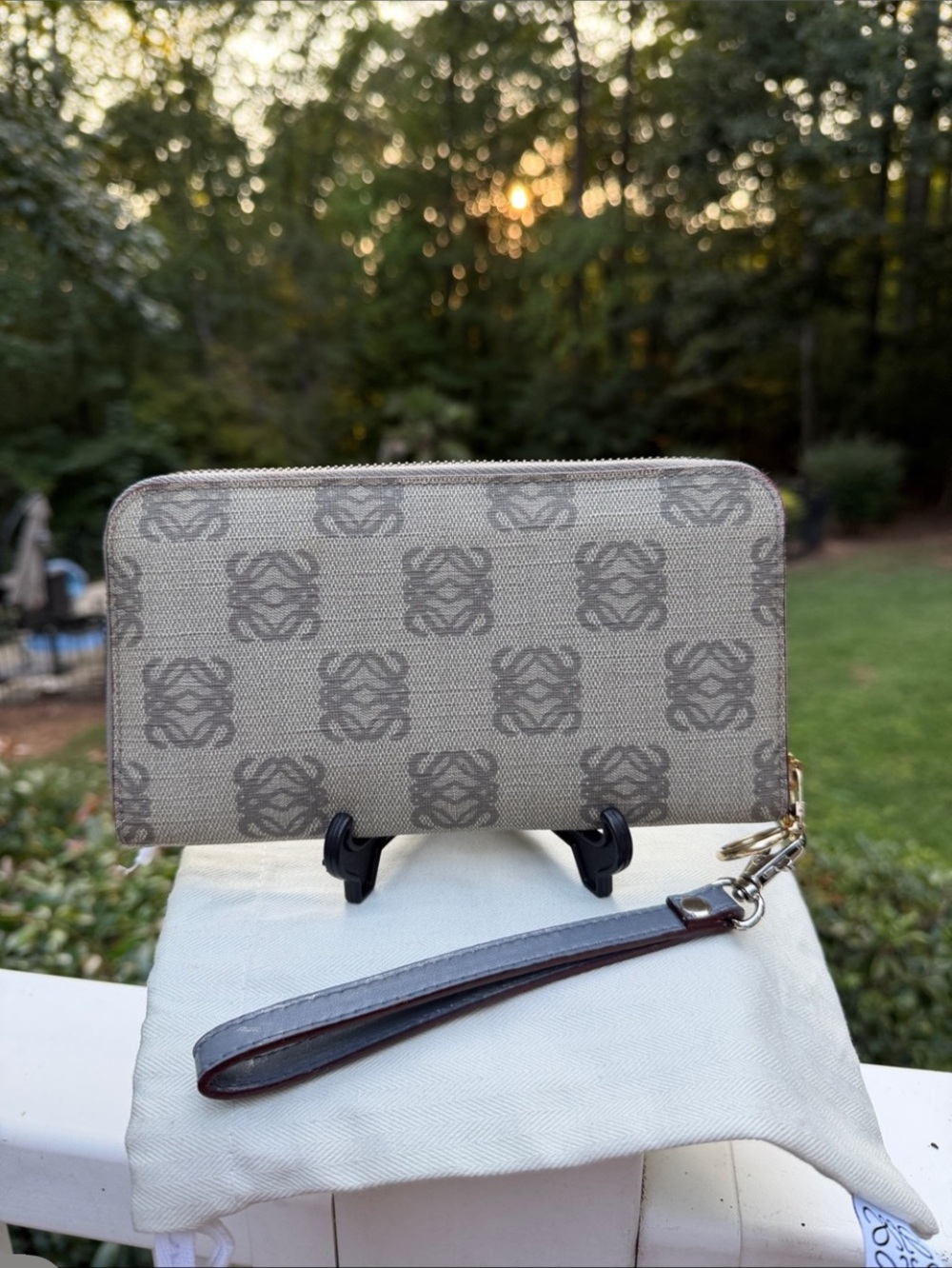 Loewe Vintage Beige and Gray Monogram Zip-Around Logo Wristlet Wallet
